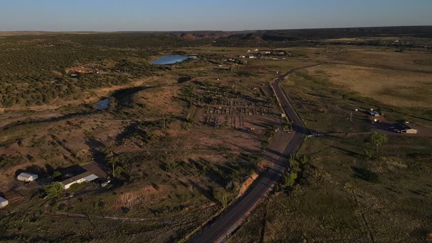 Aerial sunny nature landscape of remote desert area outside Santa Rosa New Mexico NM USA