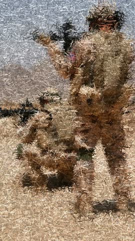Two United States Soldiers in Desert Camouflage Uniforms Aiming Rifles in Arid Mountainous Terrain During Tactical Operation, Animation Made of Sharp Fragments
