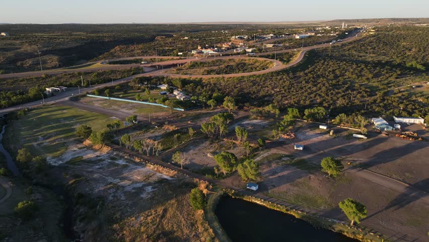 Aerial sunny nature landscape of remote desert area outside Santa Rosa New Mexico NM USA