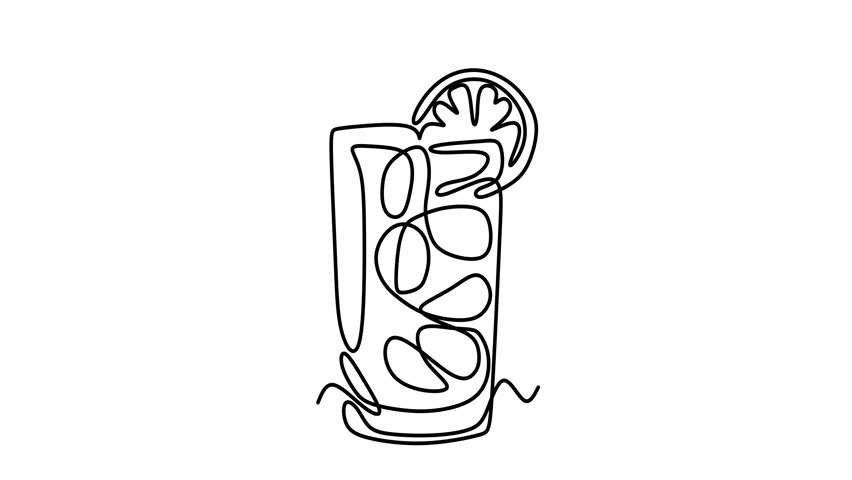 Animated self drawing of continuous line draw glass of cola. Silhouette of cold sparkling sugar drink lemonade. Full length one line animation. 4K	