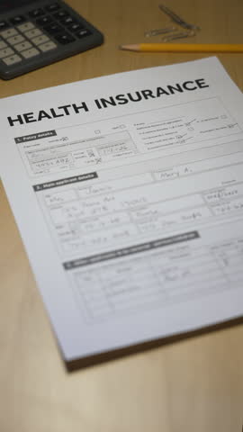 Health insurance form stamped “HIGHER PREMIUMS” in red, symbolizing rising costs after the end of ACA subsidy credits in 2025. Fictional data on form. 14938  	