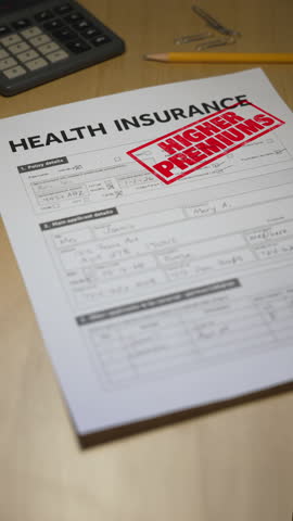 Health insurance form stamped “HIGHER PREMIUMS” in red, symbolizing rising costs after the end of ACA subsidy credits in 2025. Fictional data on form. 14938  	