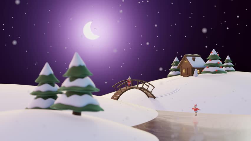 3d rendered cartoon style scene with cozy night winter landscape with green trees and a small country house. Few children in a red Christmas clothes playing on a snow outside.
