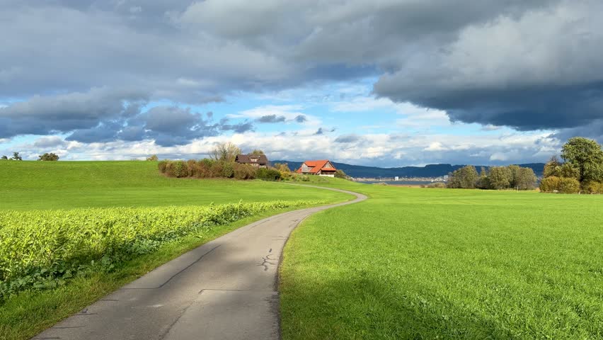 A sunny autumn walk through the rural paths of Risch in the canton of Zug, Switzerland, where trees with golden leaves line the peaceful countryside landscape.