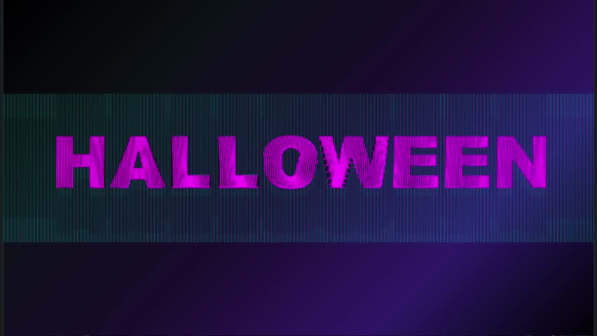 Cyberpunk Halloween Glitch Title: Neon Pink Text with Vertical Digital Distortion and Line Noise.