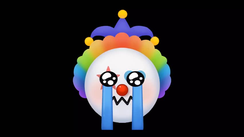 Animated crying clown face with rainbow wig, star eyes, red nose, and jester hat on black. Sad, circus, emotion, tears