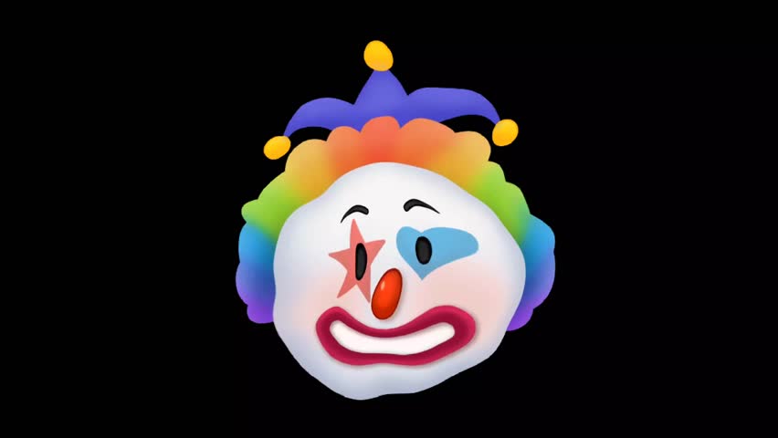 Animated clown face with rainbow hair, star eye, blue eye, red nose, and jester hat on black. Happy, festive, circus, playful