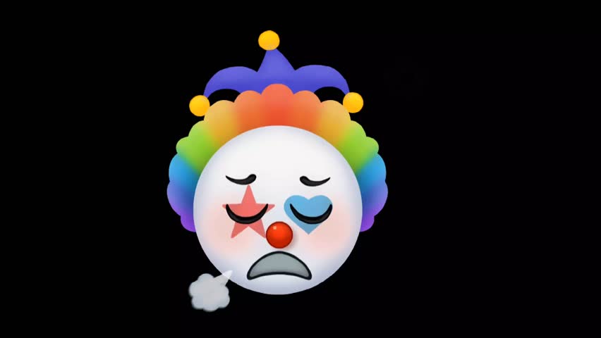 Animated sad clown face with rainbow wig, star heart eyes, red nose, and jester hat on black background. Melancholy, circus, emotion