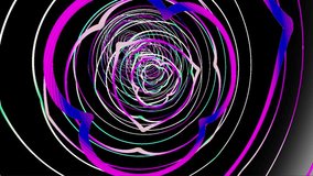 Seamless loop animation of flying through a distorted, hypnotic tunnel of glowing neon lines and geometric shapes on a black background. - Powered by Shutterstock - Get 15% off with code: PIKWIZARD15