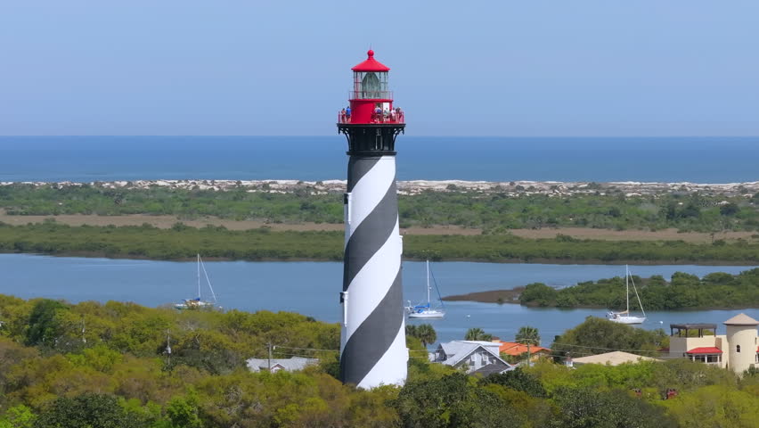 Aerial view of St. Augustine historical lighthouse. National historic landmark on Anastasia Island in St. Augustine, Florida, USA.