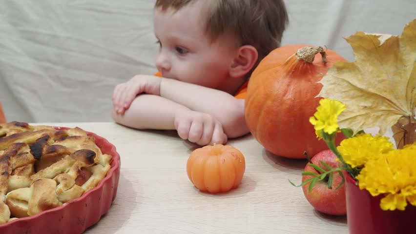 A family with young children celebrates Thanksgiving at home with apple pie and traditional dishes. The table is set. The concept is one of celebration, tradition, love, care, and respect.  happy.