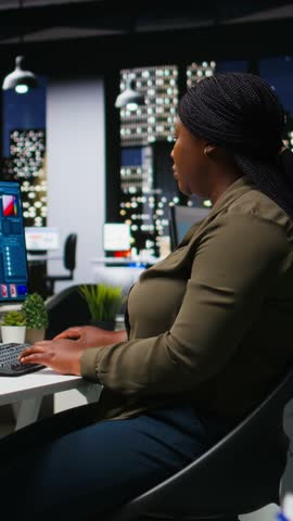 Vertical Video Graphic designer using AI chatbot turning text prompt into photos and retouching, ensure original content for clients. Creative woman using machine learning for photographer portfolio