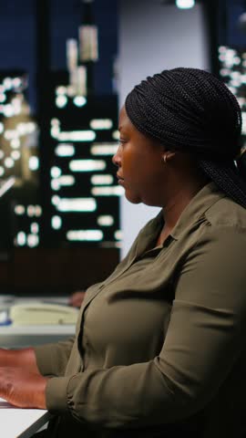 Vertical Video Graphic designer using AI chatbot turning text prompt into photos and retouching, ensure original content for clients. Creative woman using machine learning for photographer portfolio