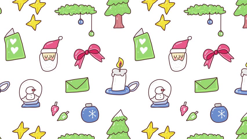 Playful holiday pattern featuring Santa faces, trees, candles, snow globes, ornaments, and stars. Perfect for wrapping paper, festive cards, textiles, and seasonal graphic design projects.