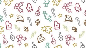 Playful, hand-drawn holiday pattern featuring bells, mittens, pinecones, holly, candy canes, stars, pine trees, and Christmas leaves. Ideal seamless background for wrapping paper, gift cards, or festi - Powered by Shutterstock - Get 15% off with code: PIKWIZARD15