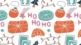 A bright, playful holiday pattern featuring Christmas trees, gift boxes, string lights, orange slices, ornaments, and the iconic HO HO HO text for seasonal decor and design projects. - Powered by Shutterstock - Get 15% off with code: PIKWIZARD15