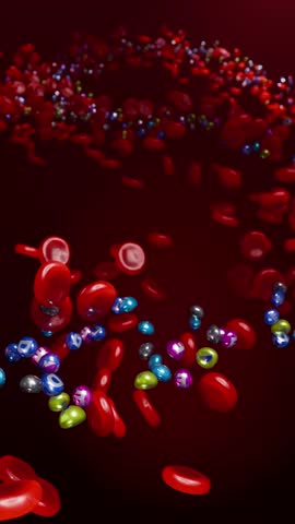 Flowing red blood cells with vitamin spheres, biological concept of nutrient absorption and oxygen transport, 3D Rendering
