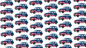 Animated seamless pattern featuring vintage American cars decorated in red, white, and blue stars and stripes. Perfect for patriotic themes, Independence Day, or retro USA-style backgrounds - Powered by Shutterstock - Get 15% off with code: PIKWIZARD15