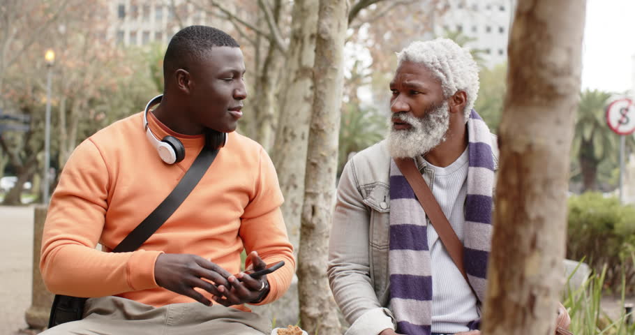African American male friends lifting smartphone explaining topic on park bench nodding, relaxing. Casual, friendship, outdoor, autumn, discussion, relaxation, urban park