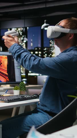 Vertical Video Professional male developer operating VR glasses to create spaceship station as game lobby, gaming development for the industry. AI generating modern spatial project on dual monitors