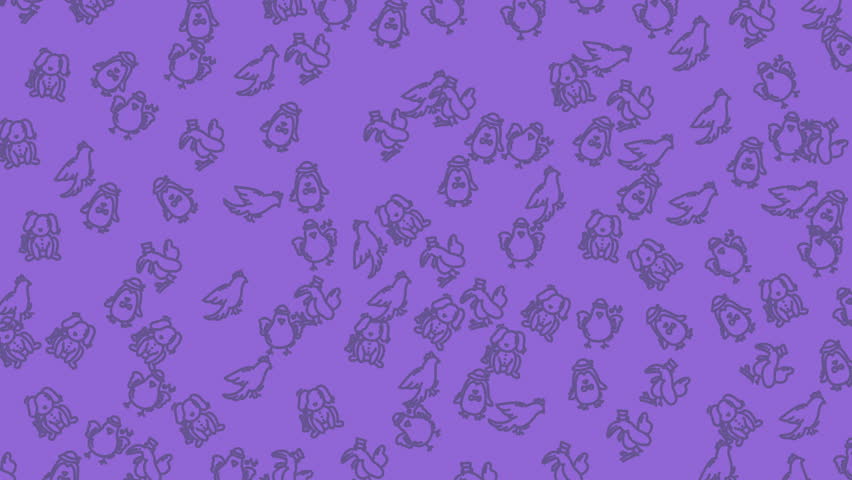 Whimsical purple pattern featuring charming dogs, birds, and penguins ideal for children