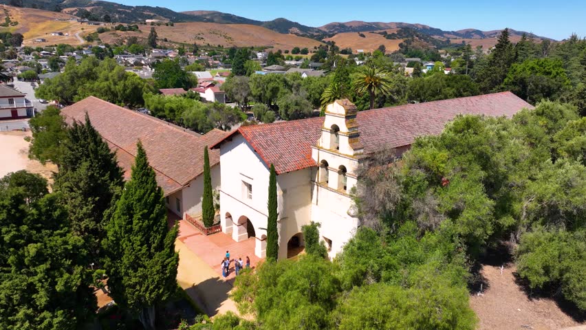Mission San Juan Bautista aerial view at 406 2nd Street in historic town center of San Juan Bautista, San Benito County, California CA, USA. 