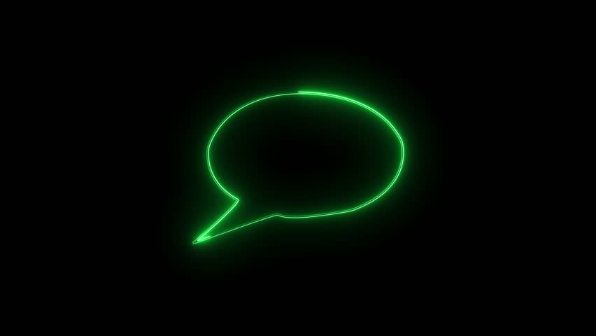 A flickering neon sign of a comic book speech bubble, blue oval shape cutout.