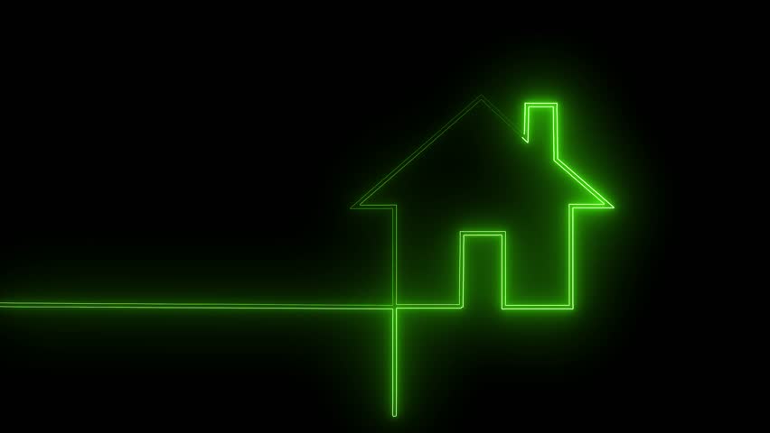 Neon house icon animation on black background. Futuristic cyber punk style.