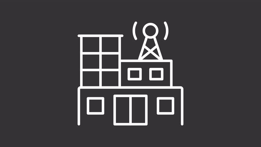 Broadcasting station white line animation. Radio building animated icon. Communication tower with moving signal waves. Closing doors. Isolated element on dark background. Alpha transparent video