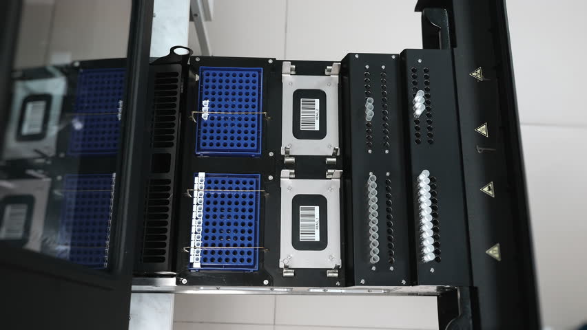 Close up of lab technician loading cassette with samples into automated nucleic acid extraction station for PCR preparation in modern laboratory indoors under bright light.