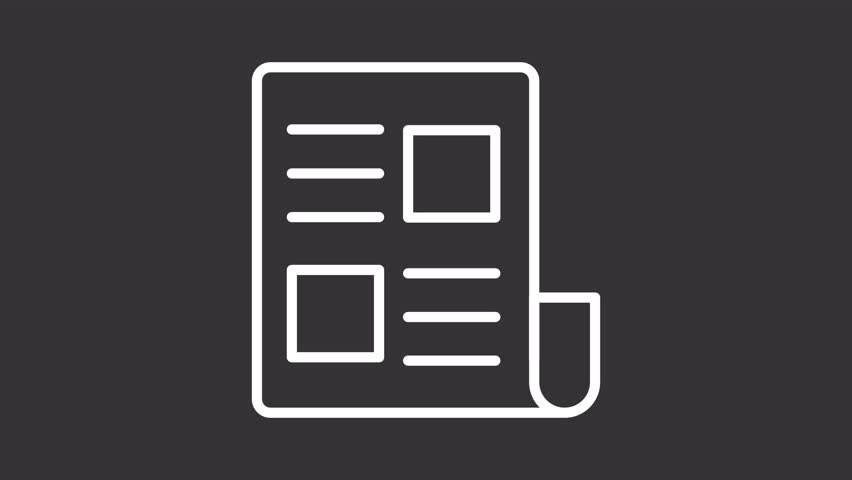News article white line animation. Publication animated icon. Showing up lines of text. Folding newspaper. Press magazine. Isolated element on dark background. Alpha transparent video
