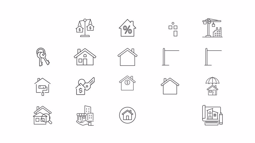Real estate line animation set. Selling, buying and renting apartments animated icons. Buildings and lands management. Property. Outline elements on white background. HD video with alpha channel