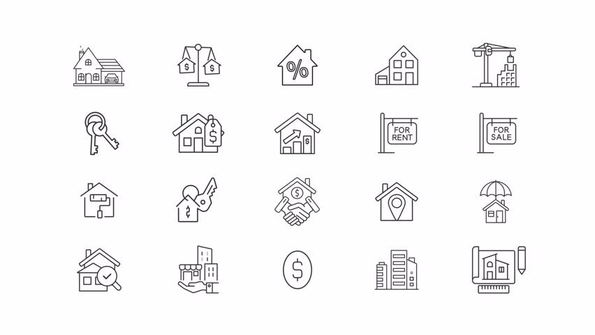 Real estate line animation set. Selling, buying and renting apartments animated icons. Buildings and lands management. Property. Outline elements on white background. HD video with alpha channel