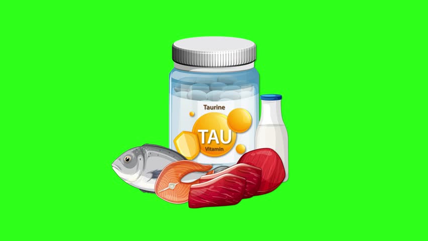 Taurine supplement bottle with fish, meat, and milk appears on green screen with smooth transitions