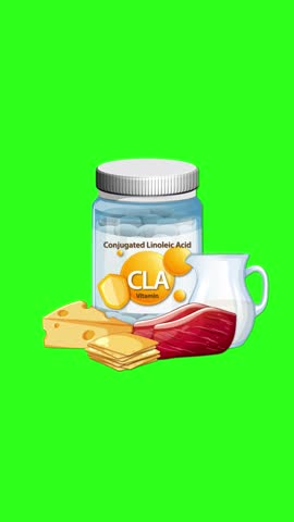 Vitamin supplement bottle with cheese, meat, and milk appears, isolated on vibrant green background