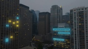 Sweeping aerial drone view of Chicago city skyline at dusk with glowing IoT nodes and network icons illustrating smart city connectivity and energy data streams - Powered by Shutterstock - Get 15% off with code: PIKWIZARD15