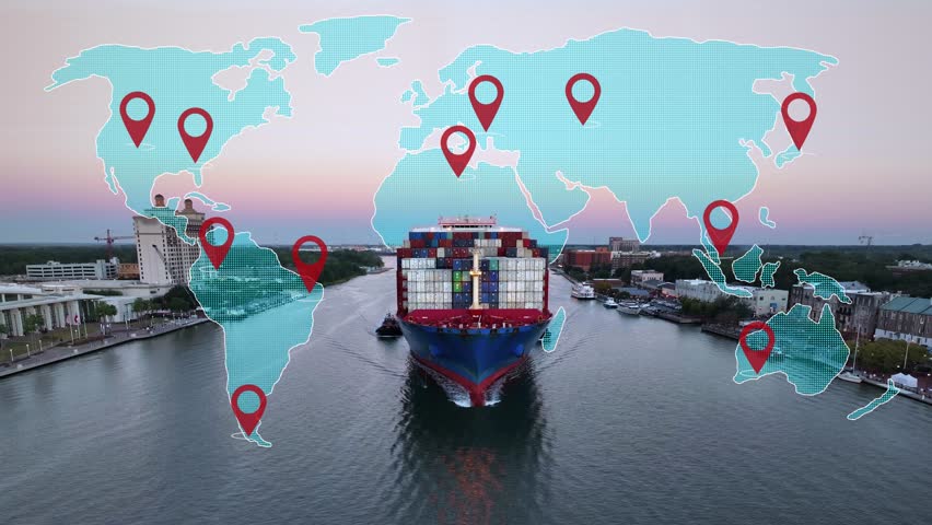 A cargo ship sails on the Savannah River with an animated world map overlay and location pins highlighting global shipping connections and routes.