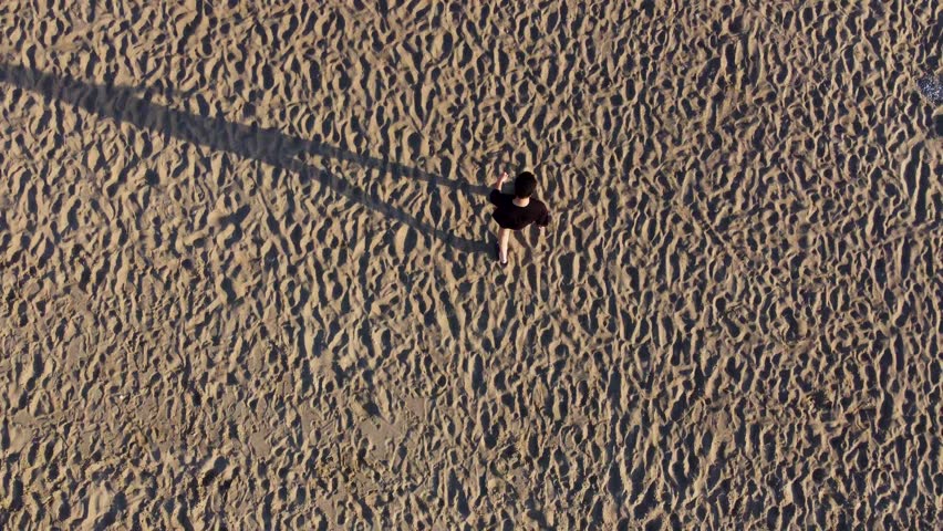Aerial view of young man walking towards the sea on the beach