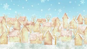 A watercolor loop animation of a quiet winter townscape with snowflakes dancing. Christmas background. - Powered by Shutterstock - Get 15% off with code: PIKWIZARD15