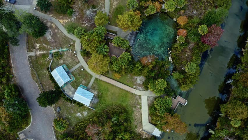 Crystal-blue spring surrounded by trees and walkways near Pitt and Sylvan Springs, Florida, showing calm reflective water and lush subtropical vegetation.
