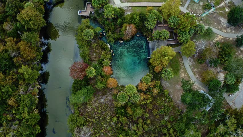 Crystal-blue spring connected to a forest river near Pitt and Sylvan Springs, Florida, bordered by trees, walkways, and calm reflective water.