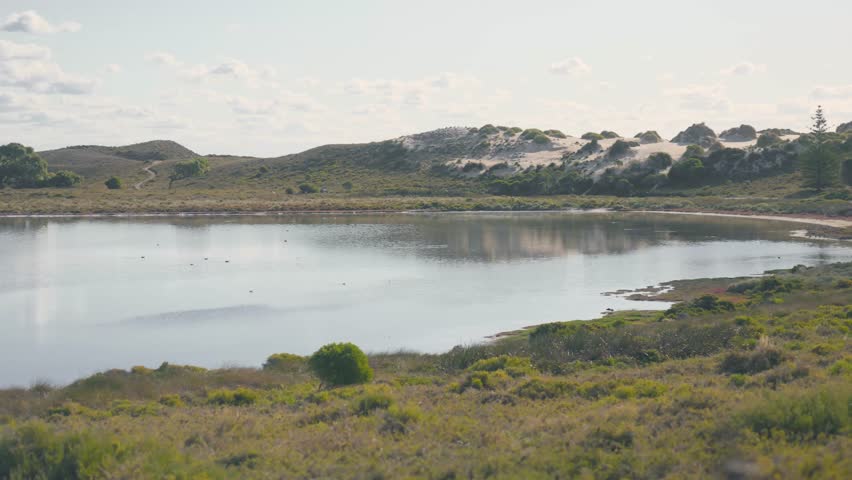 Cinematic 4K footage of Rottnest Island’s landscape on a hot, clear day, panning across empty land with salt lakes, small trees, and distant hills, showcasing the island’s wide open natural beauty.