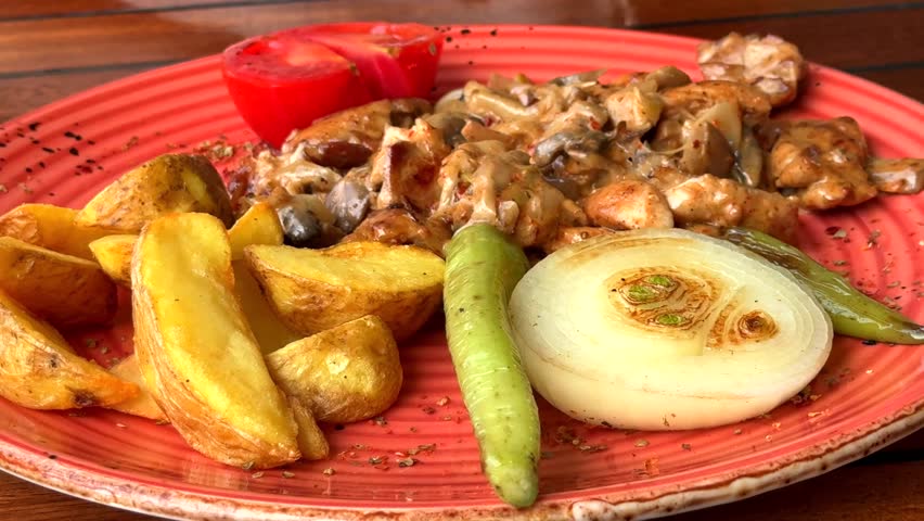 A vibrant plate featuring chicken and mushroom stroganoff served with golden potato wedges, a thick onion slice, a green chili, and a fresh tomato wedge.