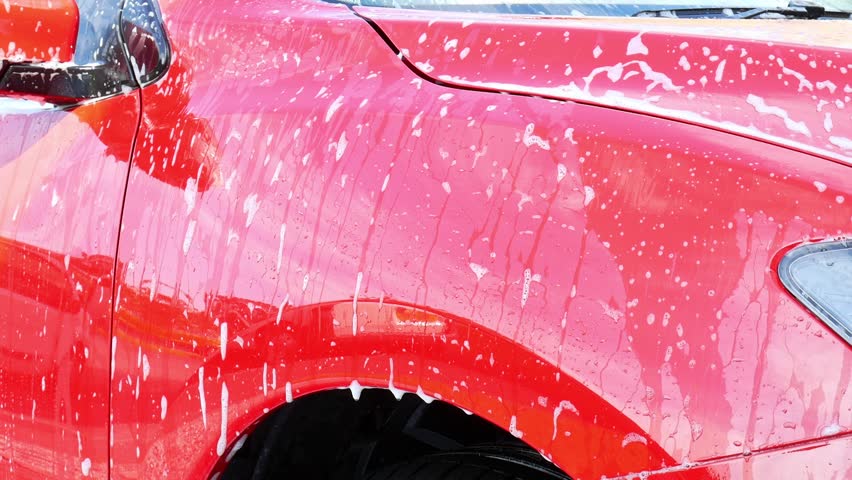 Close up of suds on a red car fender and washing with a blue microfibre wash mitt
