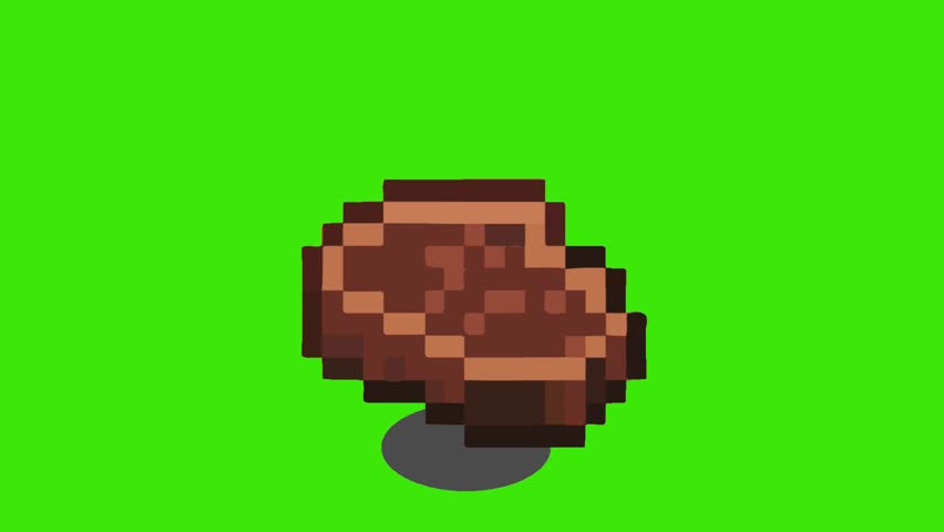 3d pixelated steak meat looping animation. Pixel food animation on green screen background.