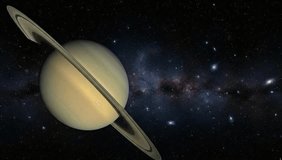 Realistic 3D animation of Saturn rotating in deep space, showing its golden rings and textured surface with distant stars, nebulas, and galaxies in a cinematic cosmic view. - Powered by Shutterstock - Get 15% off with code: PIKWIZARD15