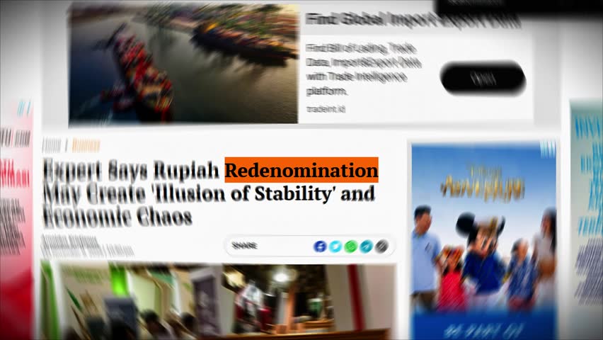 Looping footage of the word "redenomination" with Match Cut, rotating, zoom in and radial blur effects. News title highlight for media.