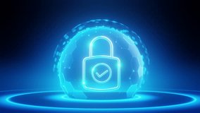 Glowing blue padlock icon inside hexagonal sphere, checkmark, dark background. Represents cybersecurity, data protection, network safety, privacy, digital security. Abstract, futuristic, technology - Powered by Shutterstock - Get 15% off with code: PIKWIZARD15