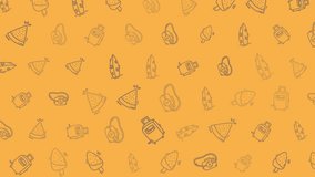 A vibrant and playful seamless pattern featuring various hand-drawn food icons, including fruits, vegetables, and snacks, scattered across a warm orange background. - Powered by Shutterstock - Get 15% off with code: PIKWIZARD15