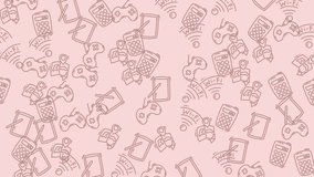A repeating pattern of outlined digital devices, including smartphones, game controllers, and Wi-Fi symbols, against a soft pink background, creating a modern and tech-inspired visual. - Powered by Shutterstock - Get 15% off with code: PIKWIZARD15